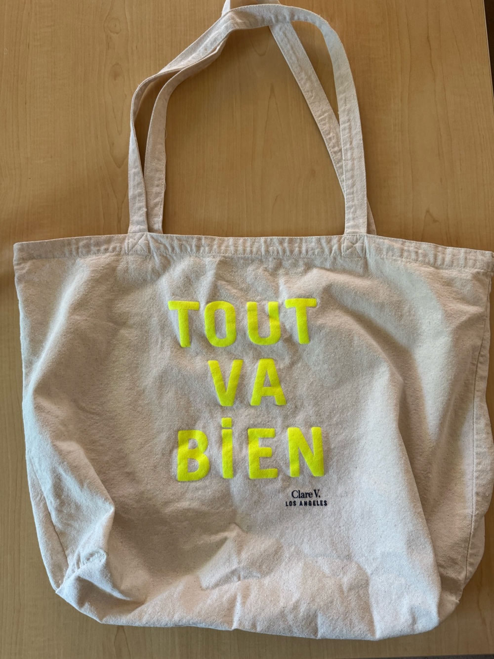 Clare V. Tout Va Bien Canvas Tote Cream and Neon Yellow - Picture 3 of 6